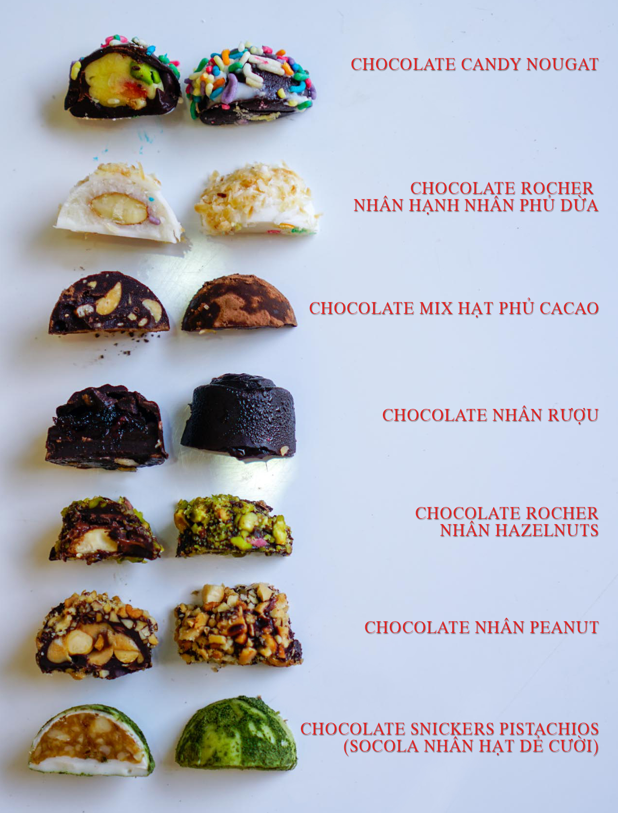 các loại nhân chocolate miacake